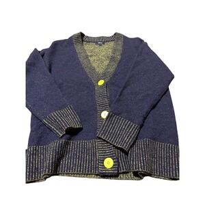 ALLBIRDS Merino Wool Cardigan Purple Lime Striped Buttons V Neck Women's L